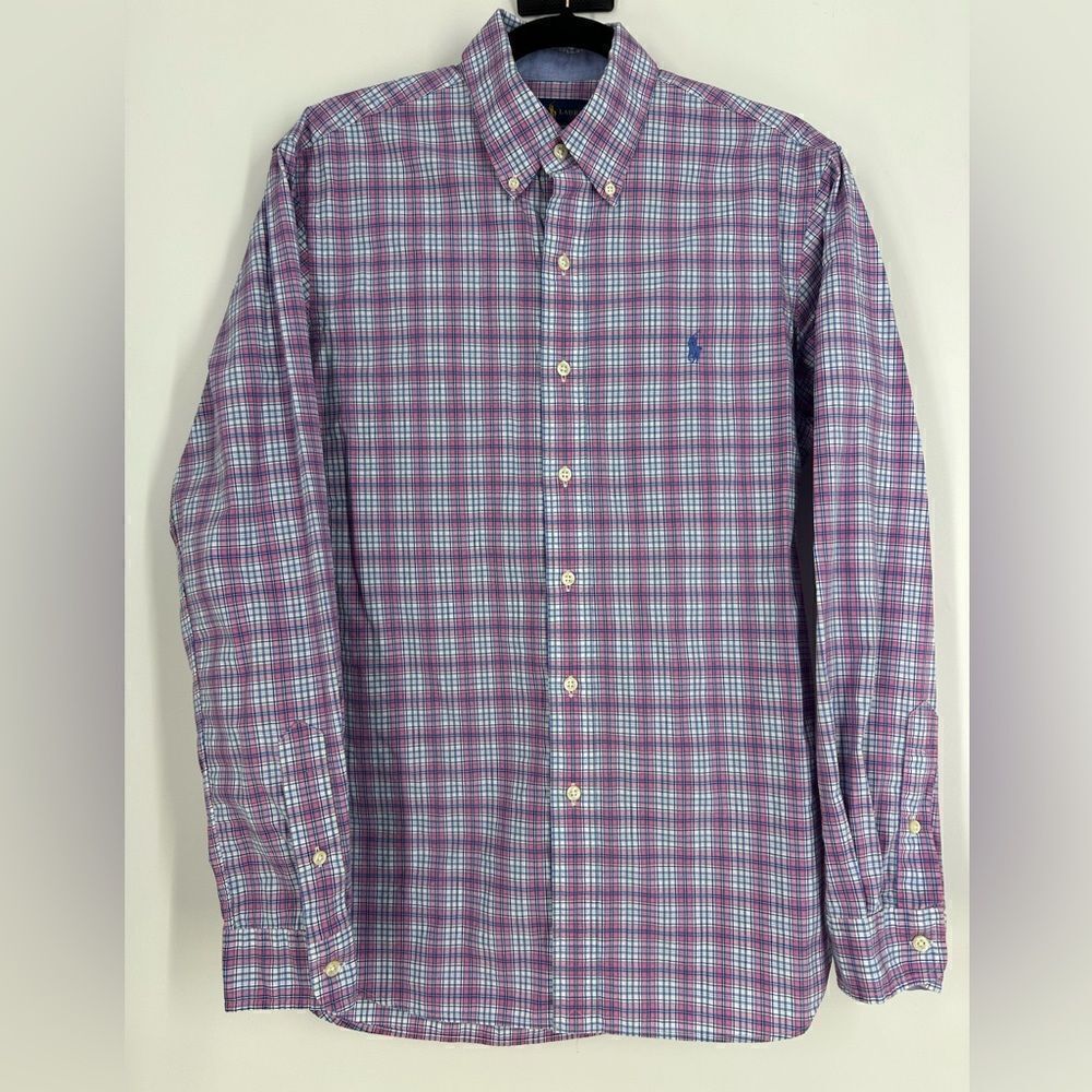 RALPH LAUREN Men’s Pink and Blue Plaid Print Slim Fit Button Down Sz S
